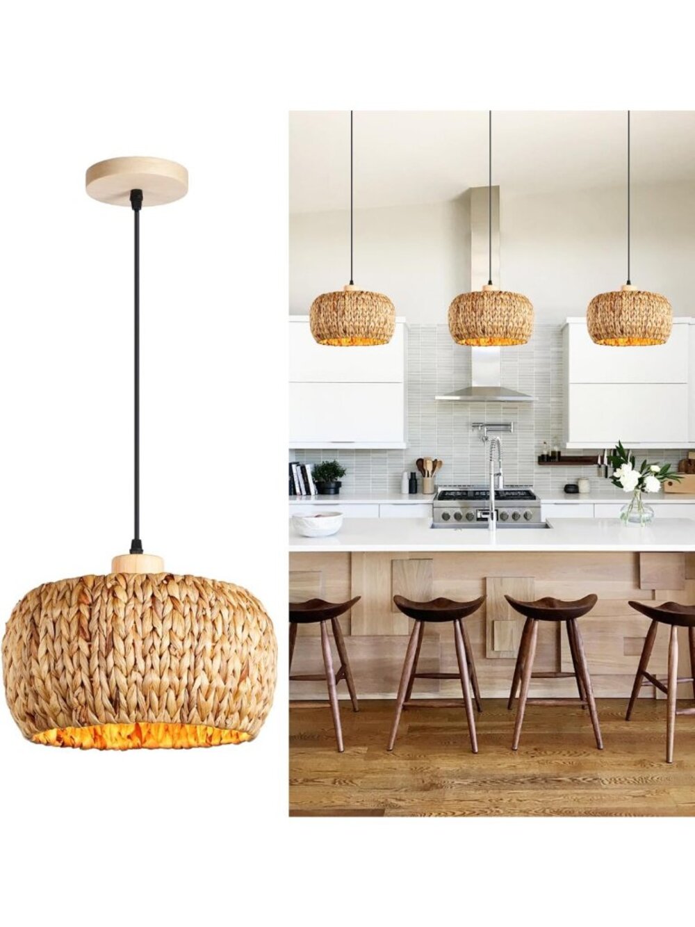 Hand-Woven Rattan Pendant Light for Kitchen Island - 12-Inch Shade, Boho Decor